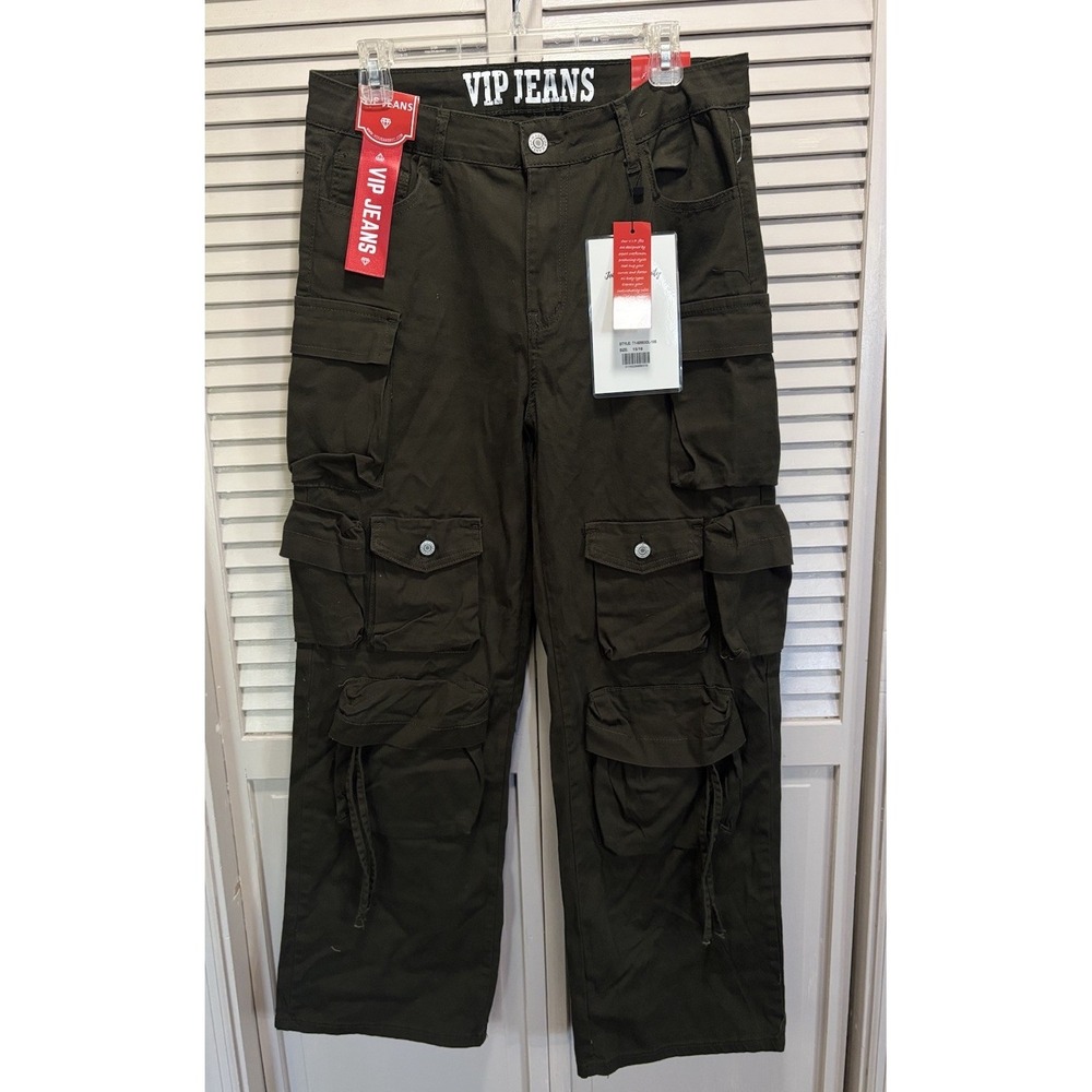 VIP NWT Cargo Jeans Womens Olive Green Size 15/16 High Rise Zip Logo